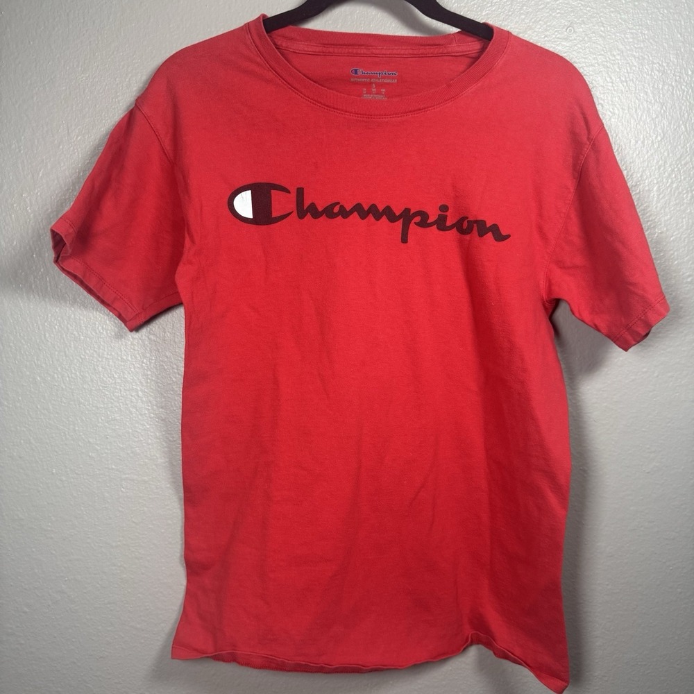 Champion TShirt Mens Small Red Graphic Crew Neck Short Sleeve Logo Script